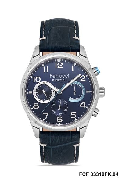 Ferrucci Kasa Erkek Kol Saati | 44 mm Çelik Kasa, Lacivert Deri Kordon, Lacivert Kadran