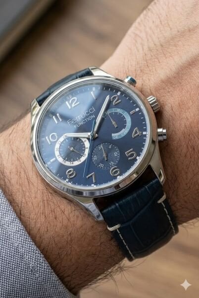 Ferrucci Kasa Erkek Kol Saati | 44 mm Çelik Kasa, Lacivert Deri Kordon, Lacivert Kadran
