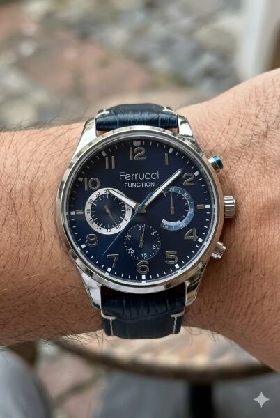 Ferrucci Kasa Erkek Kol Saati | 44 mm Çelik Kasa, Lacivert Deri Kordon, Lacivert Kadran
