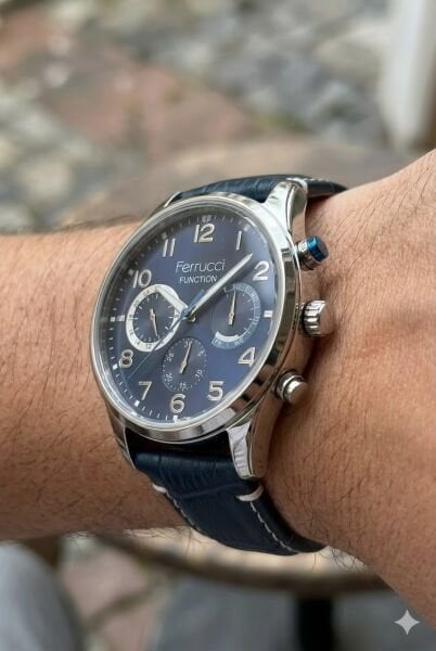 Ferrucci Kasa Erkek Kol Saati | 44 mm Çelik Kasa, Lacivert Deri Kordon, Lacivert Kadran