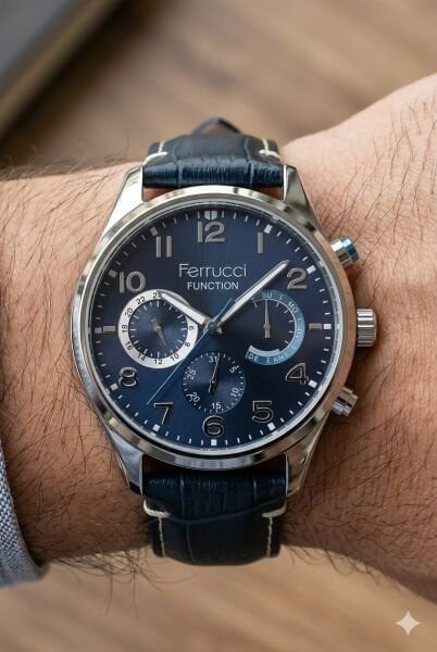 Ferrucci Kasa Erkek Kol Saati | 44 mm Çelik Kasa, Lacivert Deri Kordon, Lacivert Kadran