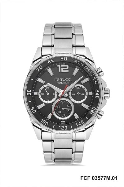 Ferrucci Function Erkek Kol Saati | 44 mm Çelik Kasa, Gümüş Çelik Kordon, Siyah Kadran