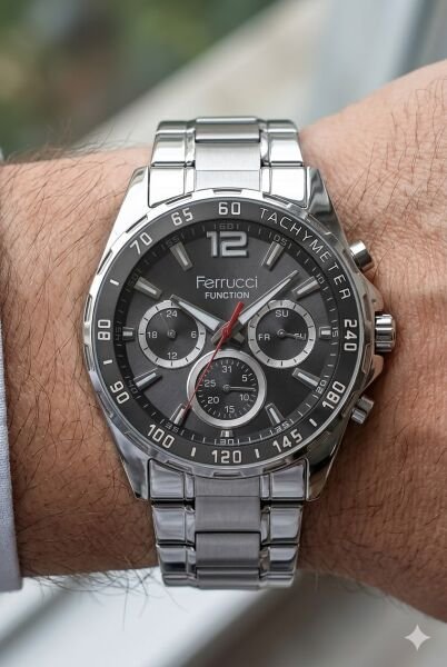 Ferrucci Function Erkek Kol Saati | 44 mm Çelik Kasa, Gümüş Çelik Kordon, Siyah Kadran