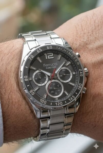 Ferrucci Function Erkek Kol Saati | 44 mm Çelik Kasa, Gümüş Çelik Kordon, Siyah Kadran