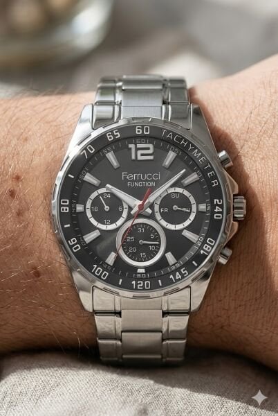 Ferrucci Function Erkek Kol Saati | 44 mm Çelik Kasa, Gümüş Çelik Kordon, Siyah Kadran