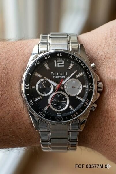 Ferrucci Function Erkek Kol Saati | 44 mm Çelik Kasa, Gümüş Çelik Kordon, Siyah Kadran