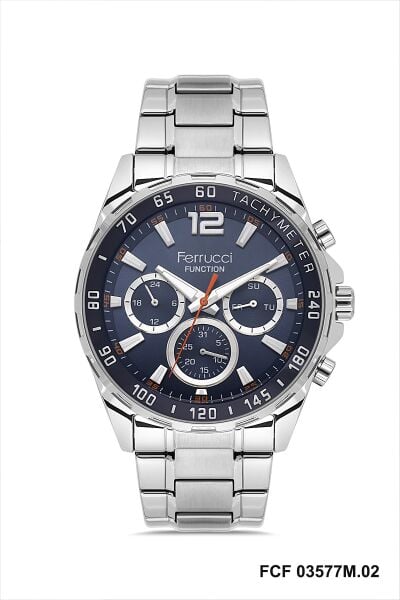 Ferrucci Gümüş Renk Erkek Kol Saati | 44 mm Çelik Kasa, Gümüş Çelik Kordon, Lacivert Kadran