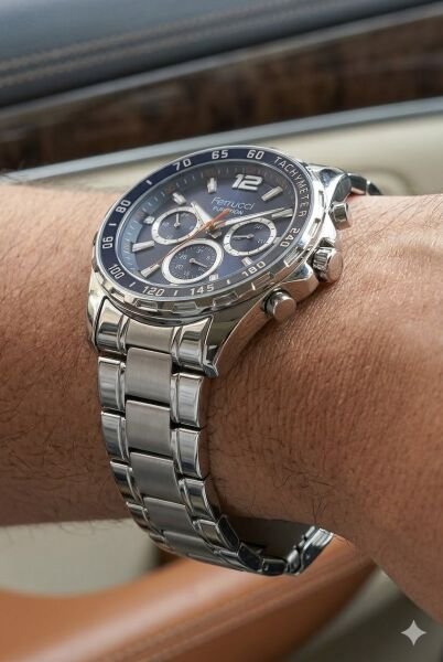 Ferrucci Gümüş Renk Erkek Kol Saati | 44 mm Çelik Kasa, Gümüş Çelik Kordon, Lacivert Kadran