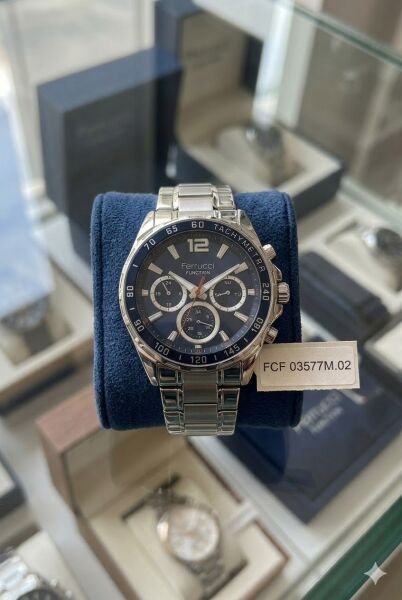 Ferrucci Gümüş Renk Erkek Kol Saati | 44 mm Çelik Kasa, Gümüş Çelik Kordon, Lacivert Kadran