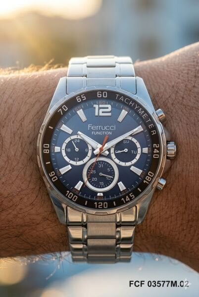 Ferrucci Gümüş Renk Erkek Kol Saati | 44 mm Çelik Kasa, Gümüş Çelik Kordon, Lacivert Kadran