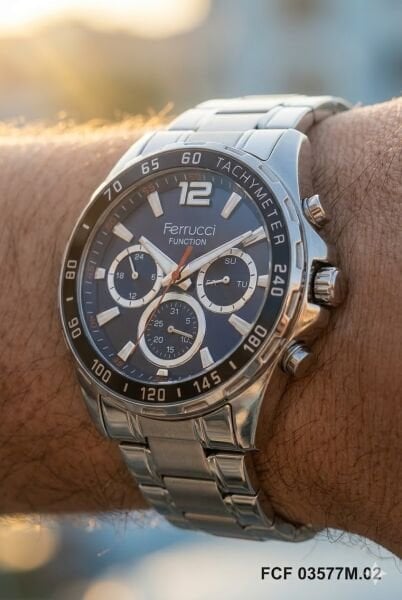 Ferrucci Gümüş Renk Erkek Kol Saati | 44 mm Çelik Kasa, Gümüş Çelik Kordon, Lacivert Kadran