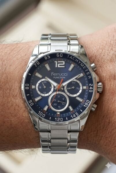 Ferrucci Gümüş Renk Erkek Kol Saati | 44 mm Çelik Kasa, Gümüş Çelik Kordon, Lacivert Kadran