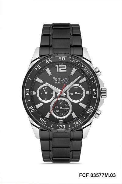 Ferrucci Siyah Renk Erkek Kol Saati | 44 mm Çelik Kasa, Siyah Çelik Kordon, Siyah Kadran