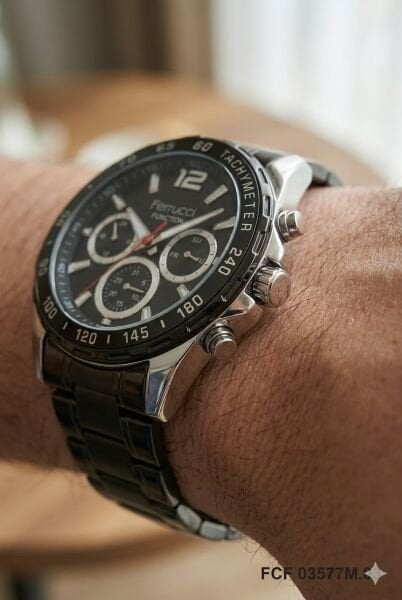 Ferrucci Siyah Renk Erkek Kol Saati | 44 mm Çelik Kasa, Siyah Çelik Kordon, Siyah Kadran