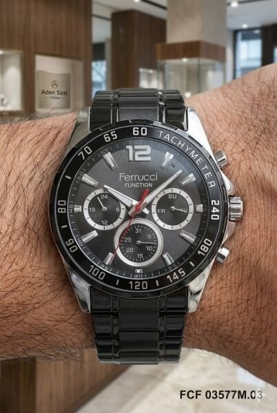 Ferrucci Siyah Renk Erkek Kol Saati | 44 mm Çelik Kasa, Siyah Çelik Kordon, Siyah Kadran