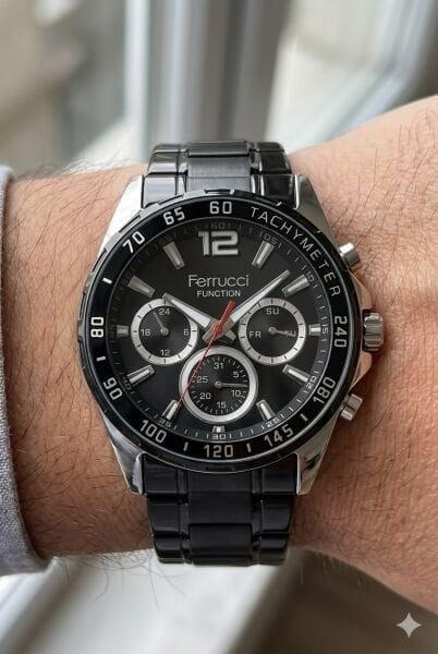 Ferrucci Siyah Renk Erkek Kol Saati | 44 mm Çelik Kasa, Siyah Çelik Kordon, Siyah Kadran