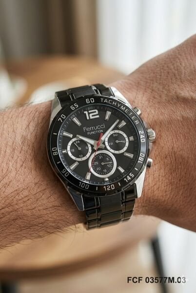 Ferrucci Siyah Renk Erkek Kol Saati | 44 mm Çelik Kasa, Siyah Çelik Kordon, Siyah Kadran