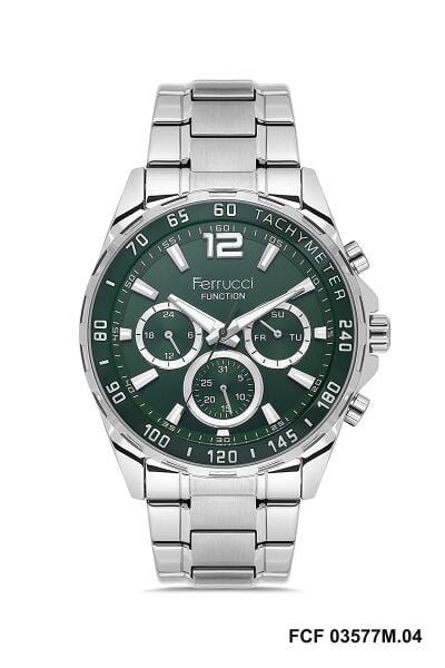 Ferrucci Modern Erkek Kol Saati | 44 mm Çelik Kasa, Gümüş Çelik Kordon, Yeşil Kadran