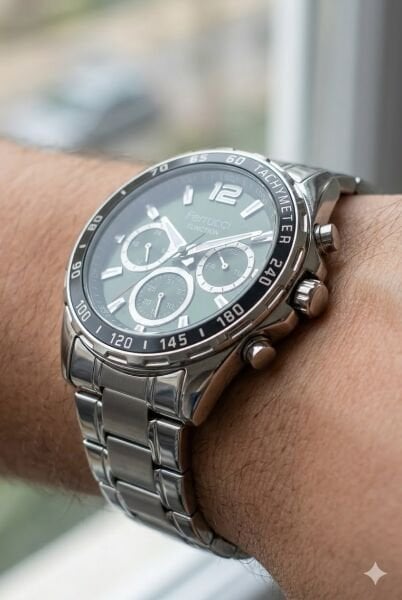 Ferrucci Modern Erkek Kol Saati | 44 mm Çelik Kasa, Gümüş Çelik Kordon, Yeşil Kadran