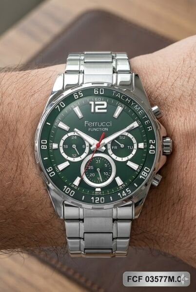 Ferrucci Modern Erkek Kol Saati | 44 mm Çelik Kasa, Gümüş Çelik Kordon, Yeşil Kadran