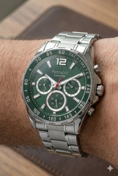 Ferrucci Modern Erkek Kol Saati | 44 mm Çelik Kasa, Gümüş Çelik Kordon, Yeşil Kadran
