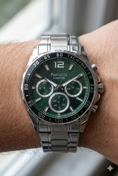 Ferrucci Modern Erkek Kol Saati | 44 mm Çelik Kasa, Gümüş Çelik Kordon, Yeşil Kadran