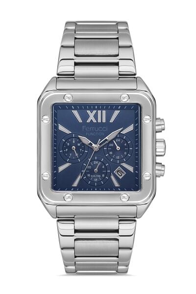 Ferrucci Gümüş Kare Kasa Erkek Kol Saati | 38 mm Çelik Kasa, Gümüş Metal Kordon, Mavi Kadran