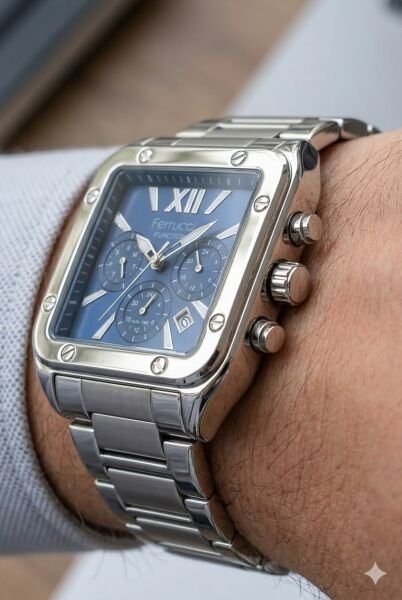 Ferrucci Gümüş Kare Kasa Erkek Kol Saati | 38 mm Çelik Kasa, Gümüş Metal Kordon, Mavi Kadran