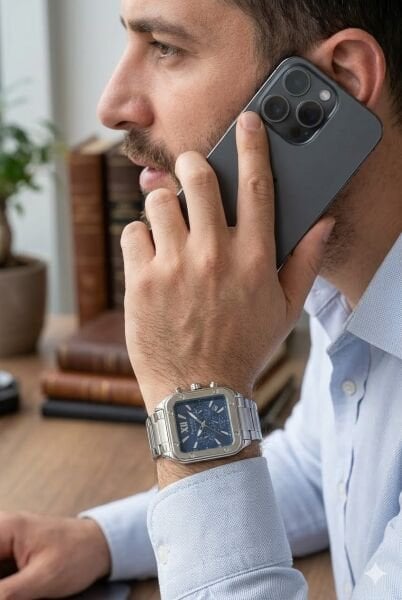 Ferrucci Gümüş Kare Kasa Erkek Kol Saati | 38 mm Çelik Kasa, Gümüş Metal Kordon, Mavi Kadran