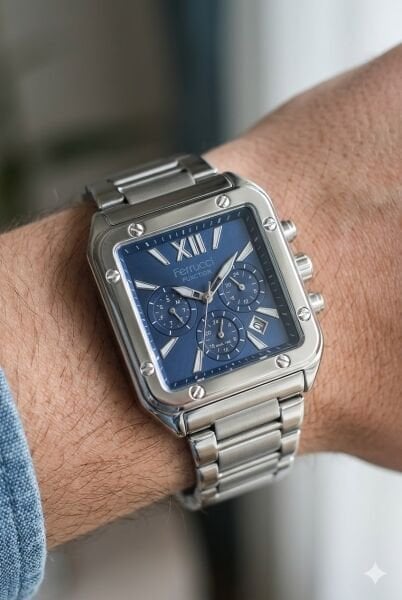 Ferrucci Gümüş Kare Kasa Erkek Kol Saati | 38 mm Çelik Kasa, Gümüş Metal Kordon, Mavi Kadran