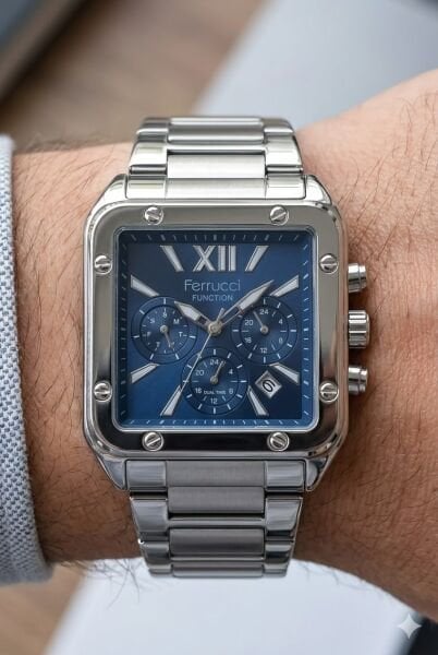 Ferrucci Gümüş Kare Kasa Erkek Kol Saati | 38 mm Çelik Kasa, Gümüş Metal Kordon, Mavi Kadran