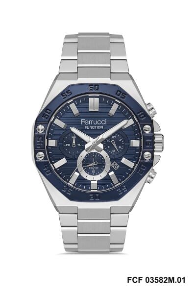 Ferrucci Kasa Erkek Kol Saati | 45 mm Çelik Kasa, Gümüş Metal Kordon, Lacivert Kadran