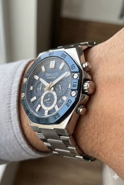 Ferrucci Kasa Erkek Kol Saati | 45 mm Çelik Kasa, Gümüş Metal Kordon, Lacivert Kadran