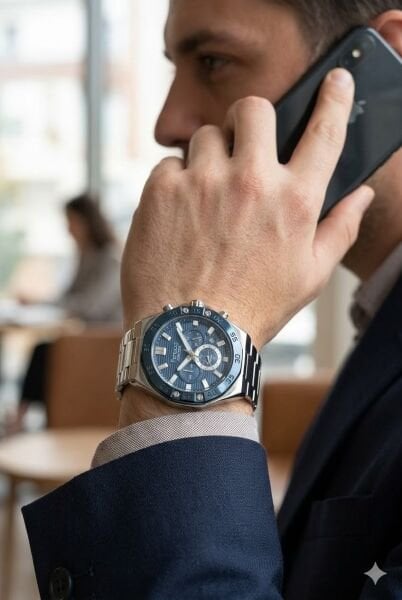 Ferrucci Kasa Erkek Kol Saati | 45 mm Çelik Kasa, Gümüş Metal Kordon, Lacivert Kadran