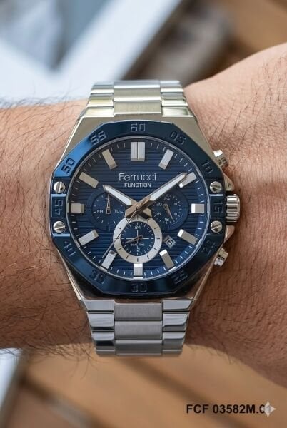 Ferrucci Kasa Erkek Kol Saati | 45 mm Çelik Kasa, Gümüş Metal Kordon, Lacivert Kadran