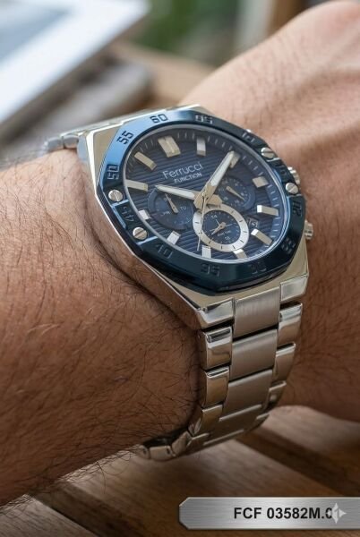 Ferrucci Kasa Erkek Kol Saati | 45 mm Çelik Kasa, Gümüş Metal Kordon, Lacivert Kadran