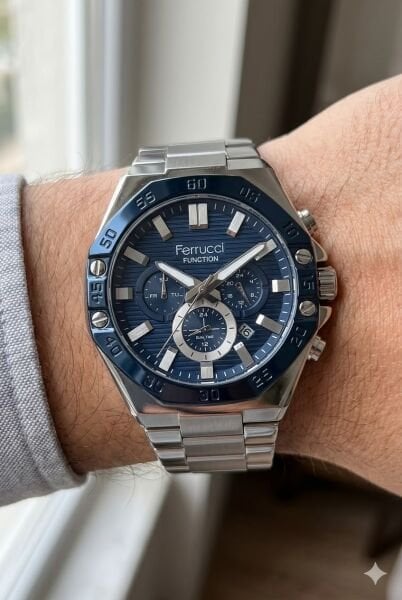 Ferrucci Kasa Erkek Kol Saati | 45 mm Çelik Kasa, Gümüş Metal Kordon, Lacivert Kadran