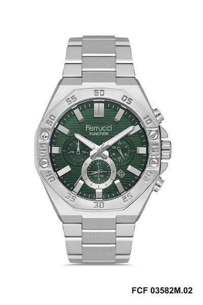 Ferrucci Modern Tasarım Erkek Kol Saati | 45 mm Çelik Kasa, Gümüş Metal Kordon, Yeşil Kadran