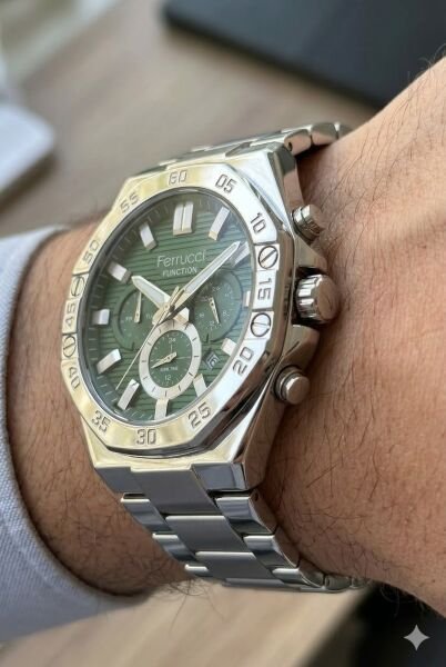 Ferrucci Modern Tasarım Erkek Kol Saati | 45 mm Çelik Kasa, Gümüş Metal Kordon, Yeşil Kadran