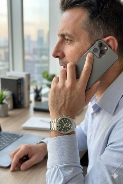 Ferrucci Modern Tasarım Erkek Kol Saati | 45 mm Çelik Kasa, Gümüş Metal Kordon, Yeşil Kadran