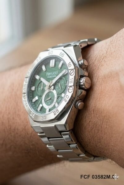 Ferrucci Modern Tasarım Erkek Kol Saati | 45 mm Çelik Kasa, Gümüş Metal Kordon, Yeşil Kadran