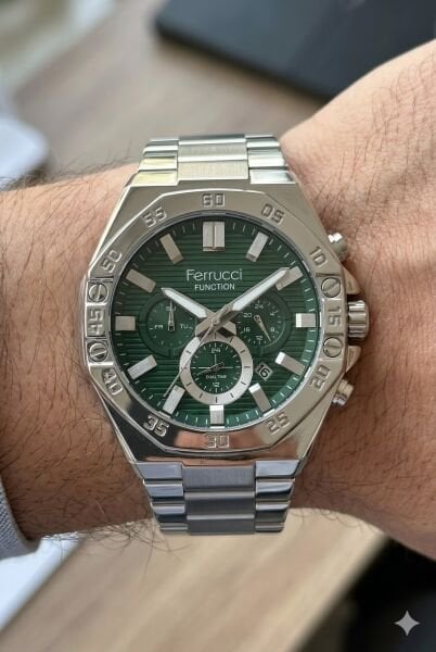 Ferrucci Modern Tasarım Erkek Kol Saati | 45 mm Çelik Kasa, Gümüş Metal Kordon, Yeşil Kadran