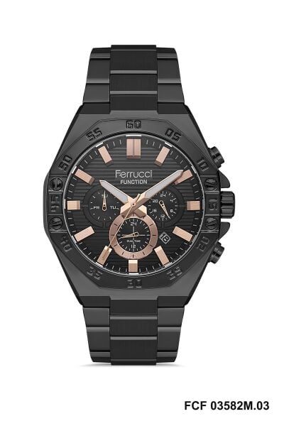 Ferrucci Modern Tasarım Erkek Kol Saati | 45 mm Çelik Kasa, Siyah Metal Kordon, Siyah Kadran