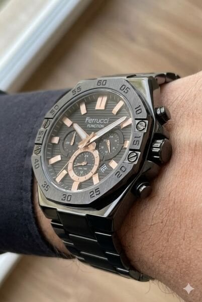 Ferrucci Modern Tasarım Erkek Kol Saati | 45 mm Çelik Kasa, Siyah Metal Kordon, Siyah Kadran