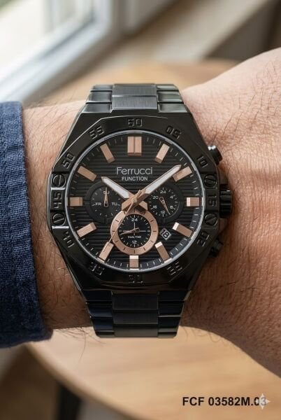 Ferrucci Modern Tasarım Erkek Kol Saati | 45 mm Çelik Kasa, Siyah Metal Kordon, Siyah Kadran