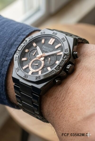 Ferrucci Modern Tasarım Erkek Kol Saati | 45 mm Çelik Kasa, Siyah Metal Kordon, Siyah Kadran