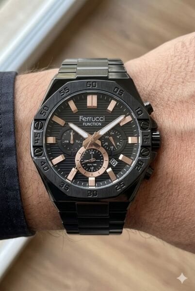 Ferrucci Modern Tasarım Erkek Kol Saati | 45 mm Çelik Kasa, Siyah Metal Kordon, Siyah Kadran