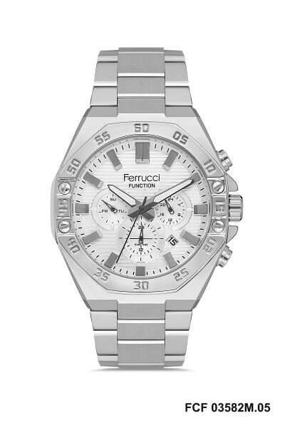 Ferrucci Modern Tasarım Erkek Kol Saati | 45 mm Çelik Kasa, Gümüş Metal Kordon, Gümüş Kadran