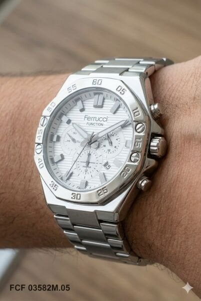 Ferrucci Modern Tasarım Erkek Kol Saati | 45 mm Çelik Kasa, Gümüş Metal Kordon, Gümüş Kadran