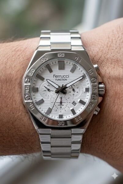 Ferrucci Modern Tasarım Erkek Kol Saati | 45 mm Çelik Kasa, Gümüş Metal Kordon, Gümüş Kadran